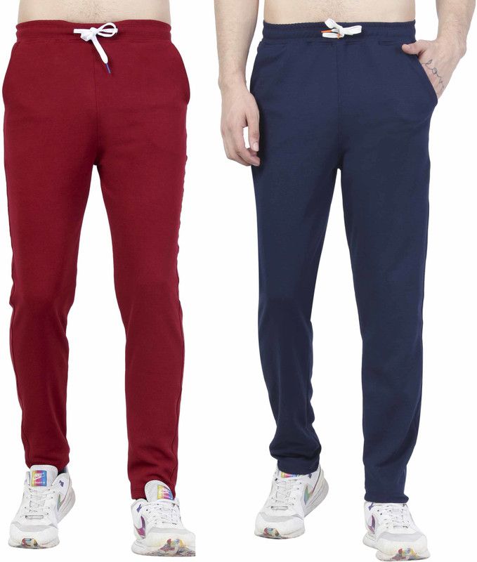 Pack of 2 Men Solid Maroon, Dark Blue Track Pants