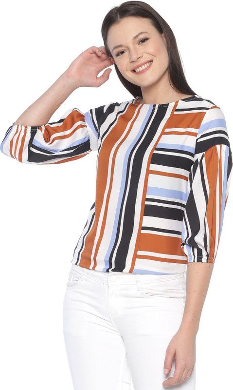 Casual Balloon Sleeve Striped Women White Top
