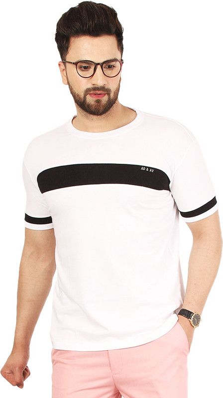 Men Colorblock Round Neck Pure Cotton White T-Shirt
