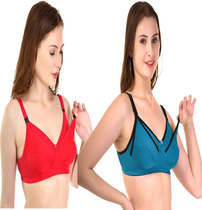 Pack of 2 Women Maternity/Nursing Non Padded Bra  (Red, Green)