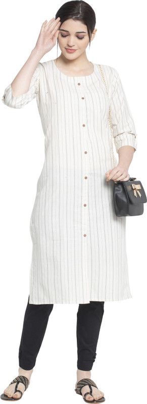 Women Printed Cotton Blend Straight Kurta  (White, Beige)
