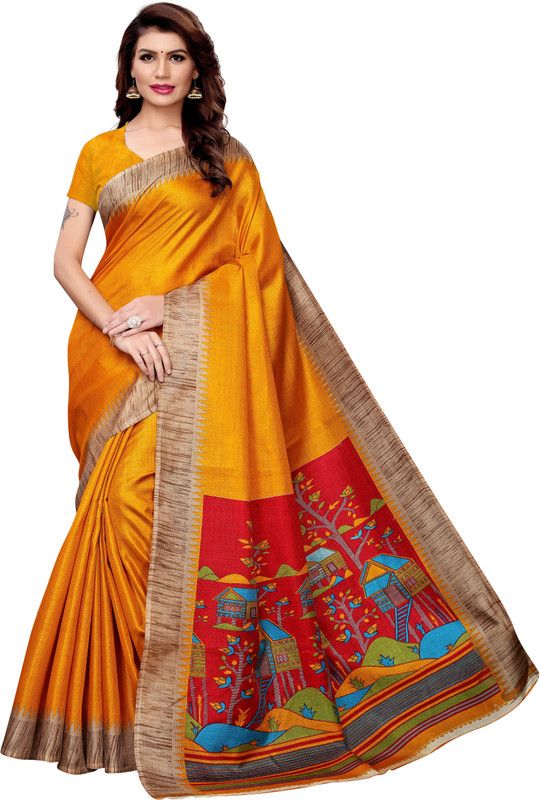 Printed Bollywood Silk Blend Saree  (Mustard)