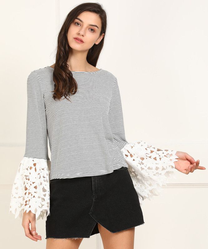 Party Bell Sleeves Striped Women White, Black Top