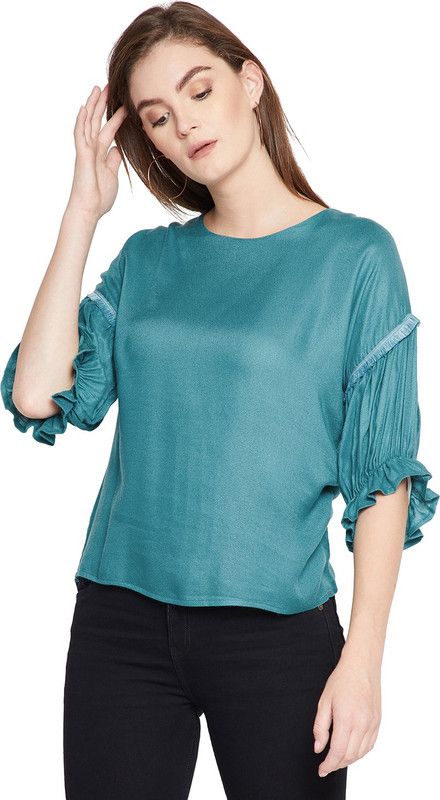 Casual Regular Sleeves Solid, Lace Women Green Top