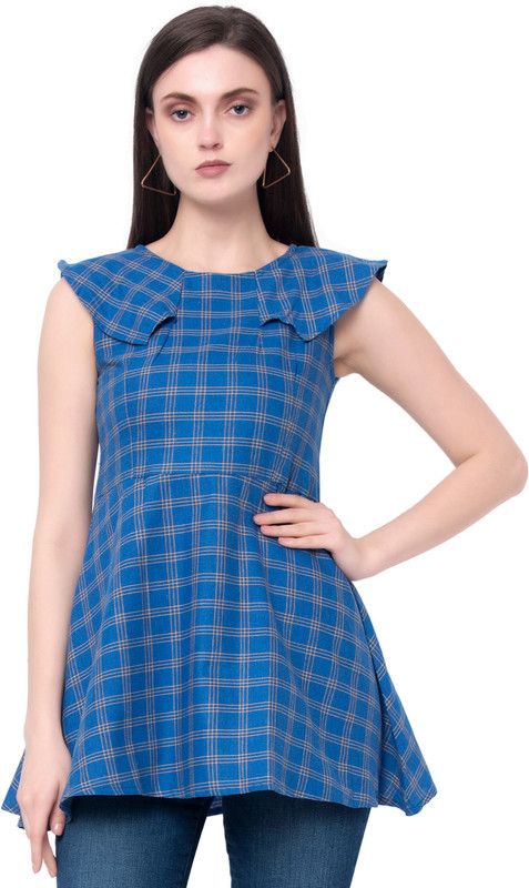 Casual Cap Sleeves Checkered Women Blue Top