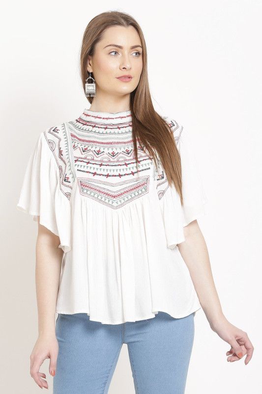 Casual Kaftan Sleeve Embroidered Women White Top