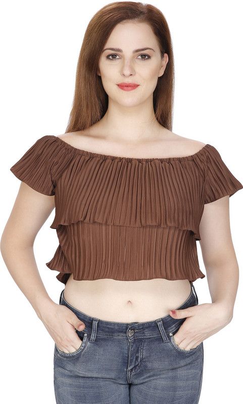 Party Cap Sleeves Solid Women Brown Top