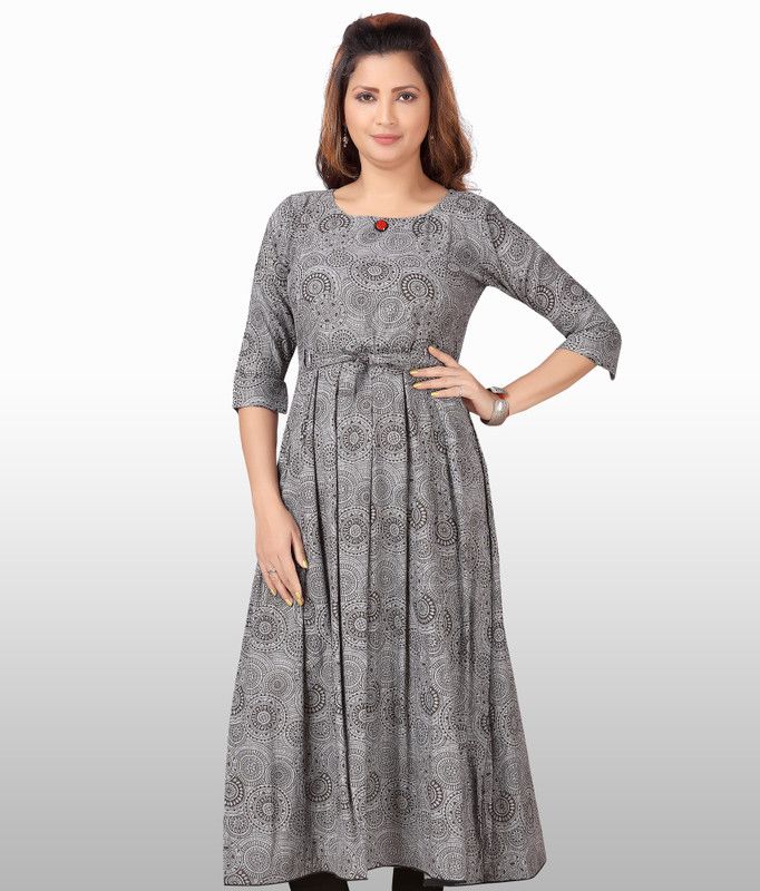 Women Geometric Print Cotton Rayon A-line Kurta  (Grey)