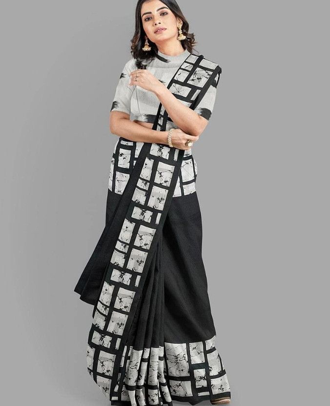 Blocked Printed, Color Block, Dyed, Floral Print, Printed Daily Wear Pure Cotton Saree  (Black, White)
