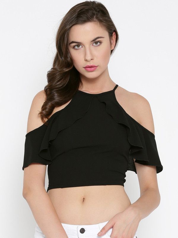 Casual Shoulder Straps Self Design, Printed, Solid Women Black Top