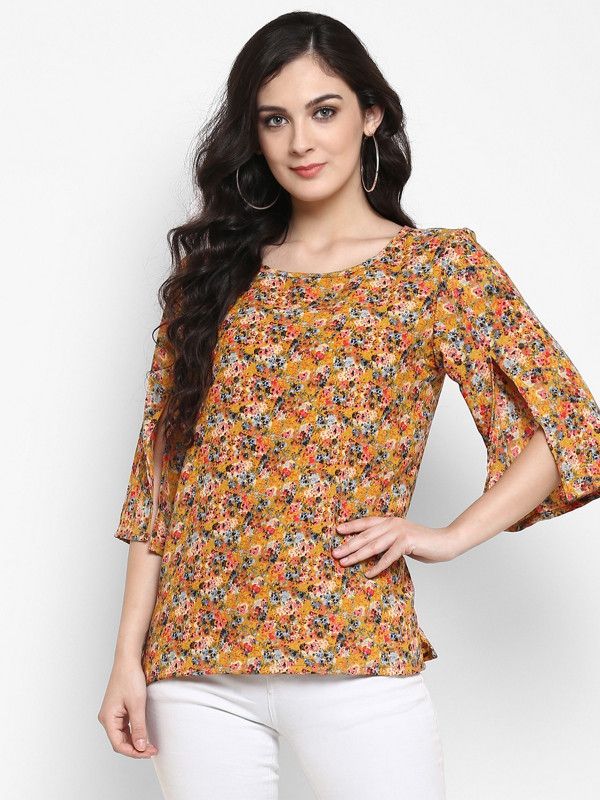 Casual Slit Sleeves Printed Women Yellow Top
