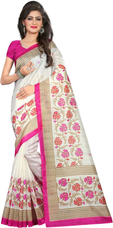 Floral Print Bhagalpuri Cotton Silk Saree  (White)