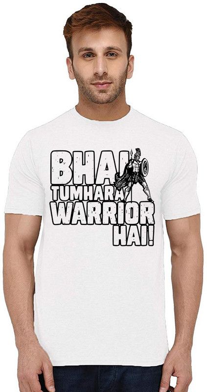 Bhai Tumhara Warrior Men Printed Round Neck Pure Cotton White T-Shirt