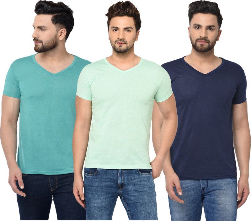 Pack of 3 Men Solid V Neck Cotton Blend Dark Blue, Blue, Light Green T-Shirt