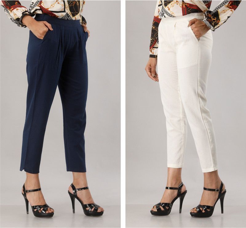 Pack of 2 Women Regular Fit Blue, White Cotton Blend Trousers