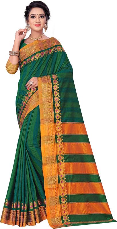 Ombre, Striped, Blocked Printed, Woven, Solid/Plain, Checkered Banarasi Jacquard Saree  (Multicolor)