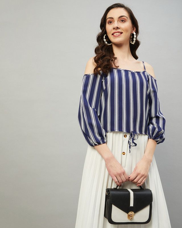 Casual Bishop Sleeve Striped Women Dark Blue Top