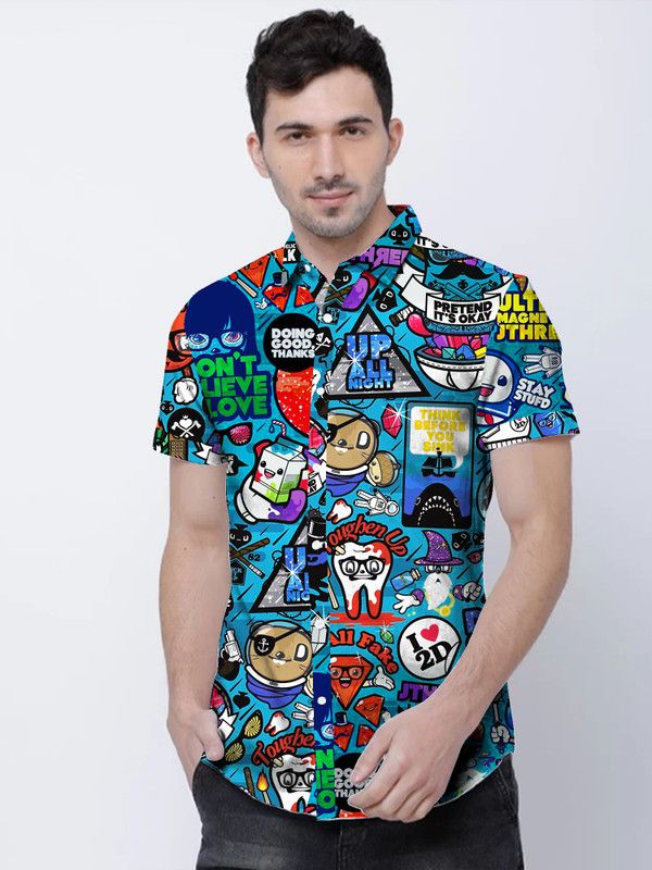 Men Regular Fit Printed, Self Design Mandarin Collar Casual Shirt