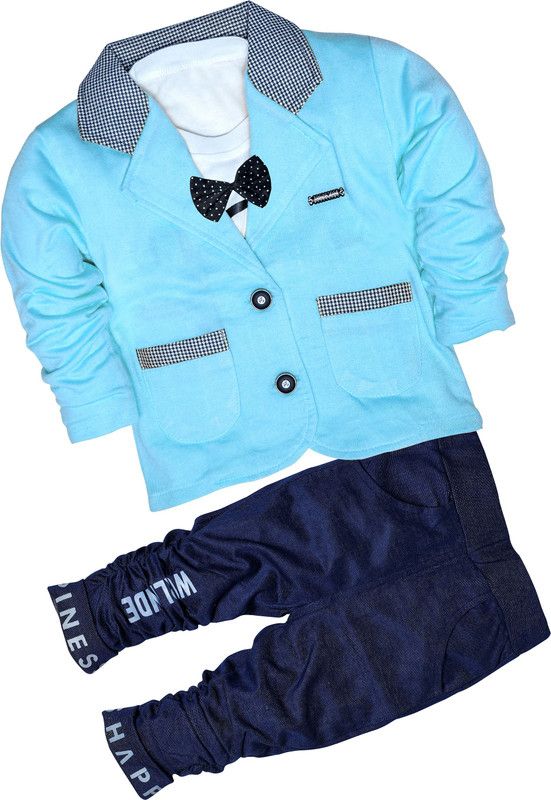 Boys Party(Festive) T-shirt Trouser, Bow Tie, Jacket  (Light Blue)