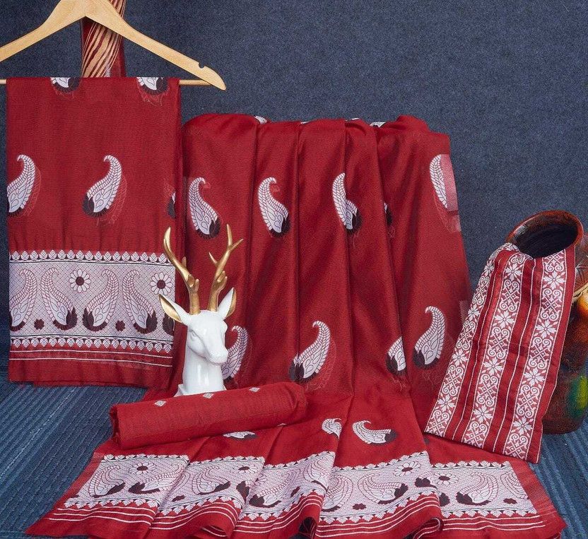Woven Mekhela Chador Chanderi, Cotton Blend Saree  (Red, White)