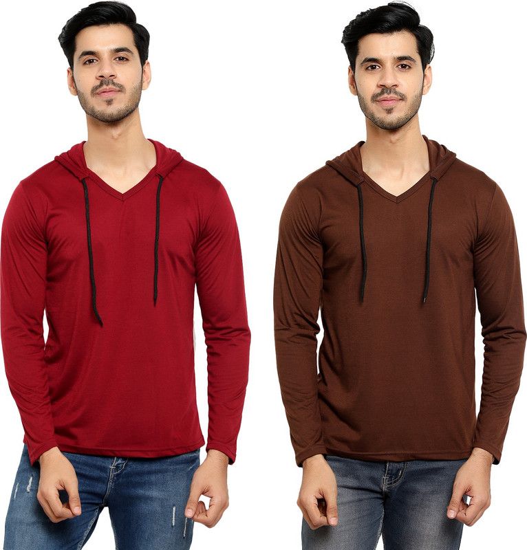 Pack of 2 Men Solid Hooded Neck Cotton Blend Maroon, Brown T-Shirt