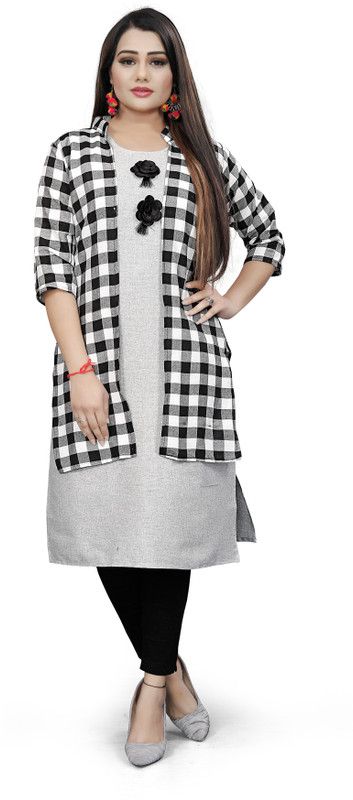 Women Checkered Cotton Silk Straight Kurta  (Grey)