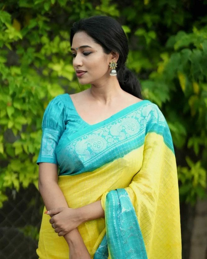 Woven Banarasi Cotton Silk Saree  (Yellow, Blue)