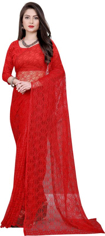 Embroidered Fashion Brasso, Net Saree  (Red)