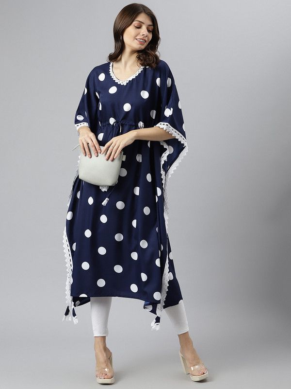 Women Printed Crepe Kaftan Kurta  (White, Blue)