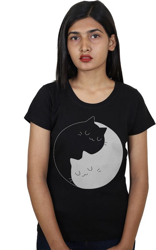 Cat Zodiac Tees Women Graphic Print Round Neck Cotton Blend Black T-Shirt