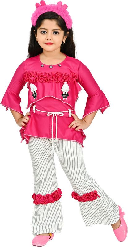 MRM CREATION Girls Party(Festive) Top Pant  (Pink)