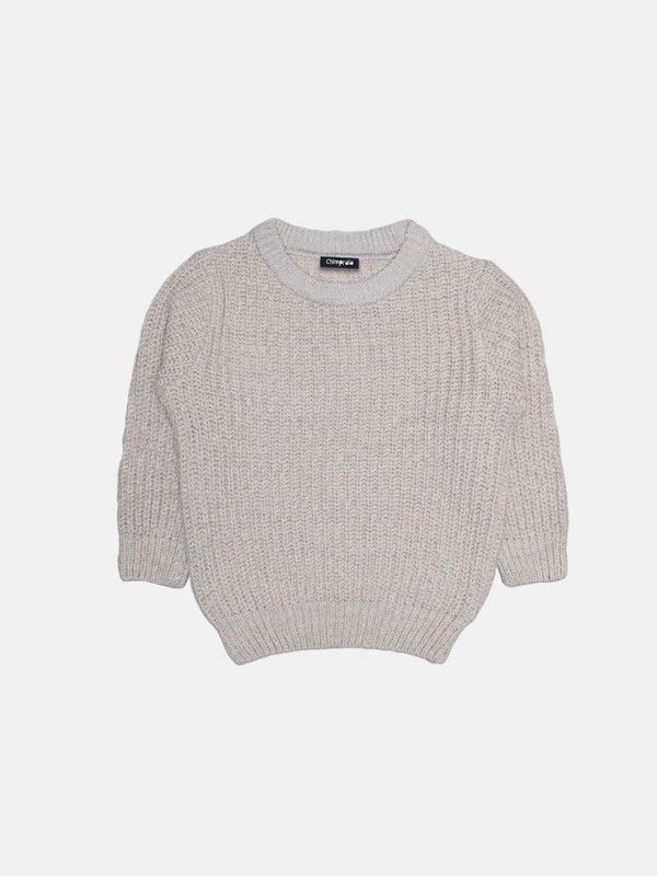 Boys Self Design Round Neck White Sweater