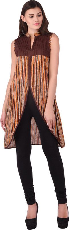 Women Printed Cotton Blend A-line Kurta  (Brown, Orange)