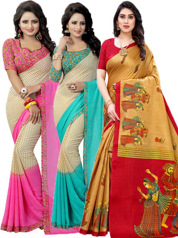 Printed Bollywood Georgette Saree  (Pack of 3, Pink, Light Green, Red)