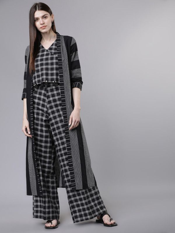 Women Ethnic Jacket, Top and Palazzo Set Cotton Blend