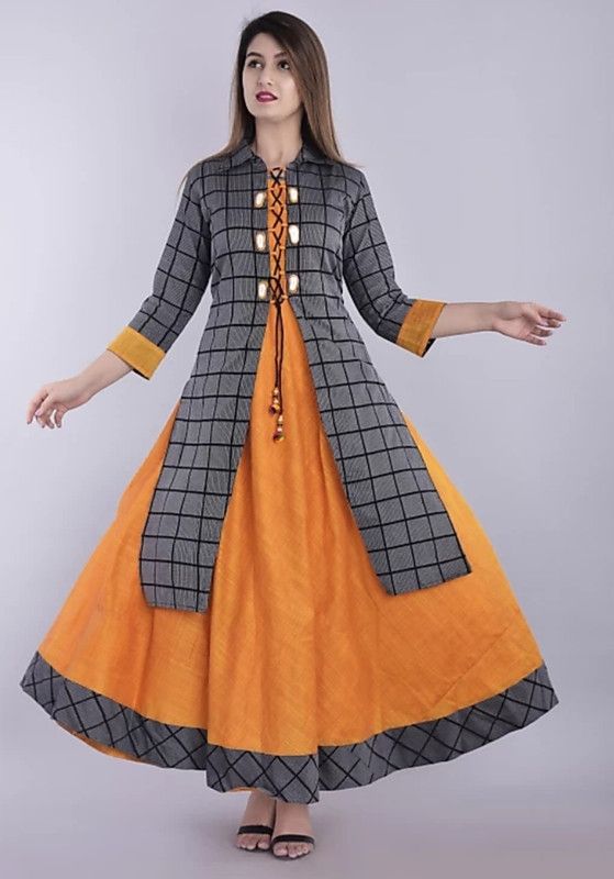 Women Checkered Cotton Rayon Ethnic Dress  (Grey, Yellow)