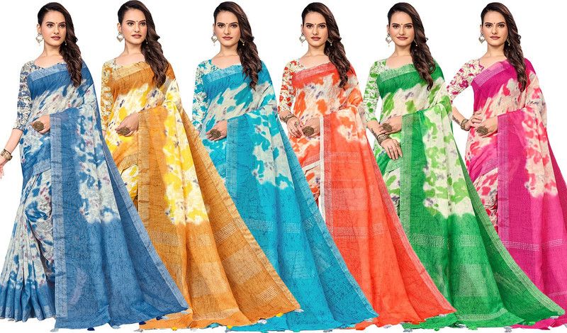 Printed Daily Wear Satin Saree  (Pack of 6, Multicolor)