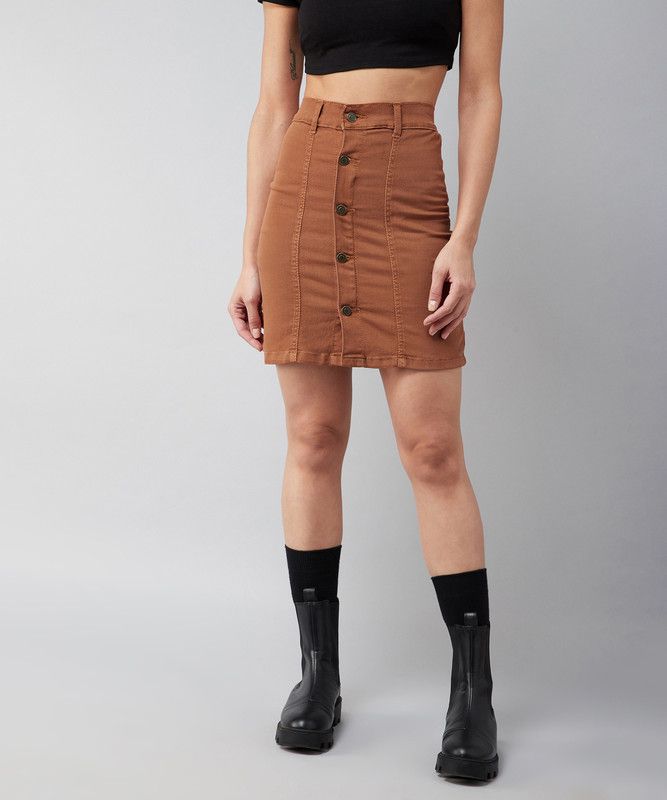 Women Solid Pencil Orange Skirt