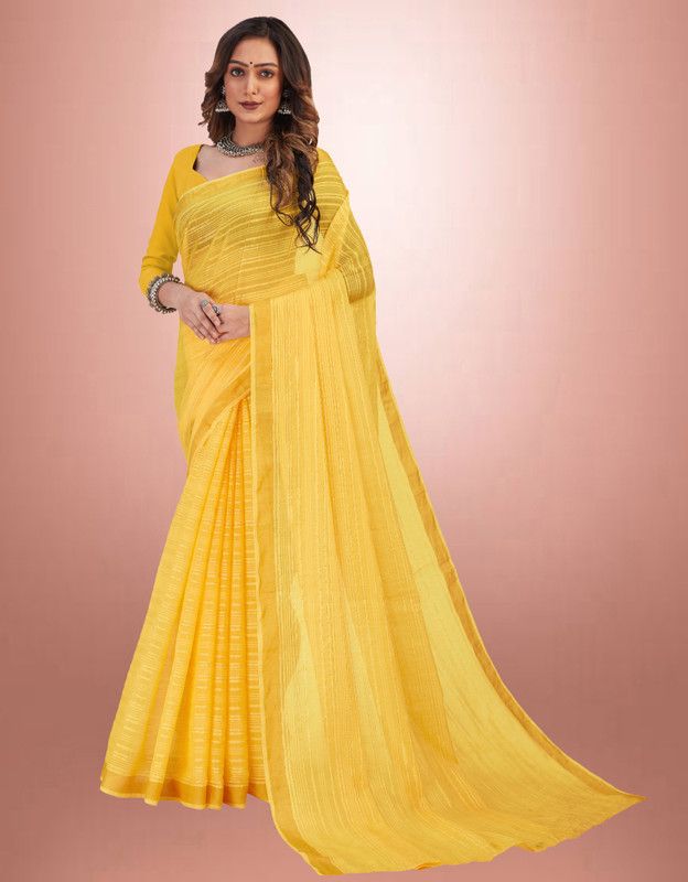Striped, Self Design, Embellished Bollywood Cotton Silk, Pure Silk Saree  (Yellow)