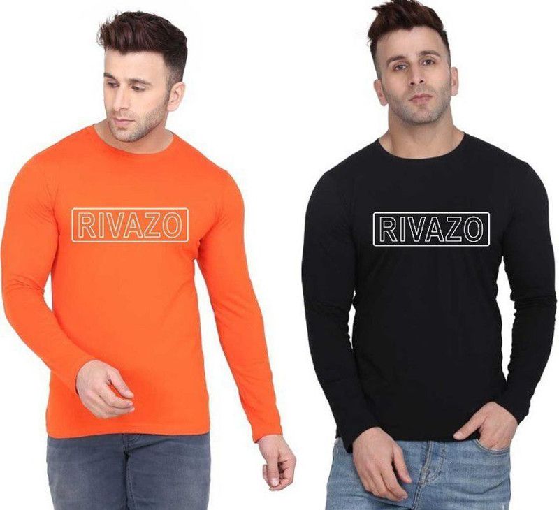 Pack of 2 Men Typography Round Neck Cotton Blend White, Black, Orange T-Shirt