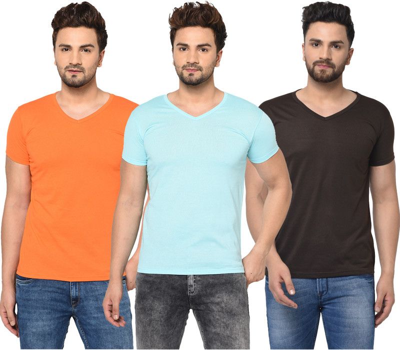 Pack of 3 V neck Combo T-shirts Multicolor Men Solid V Neck Cotton Blend Light Blue, Brown, Orange T-Shirt