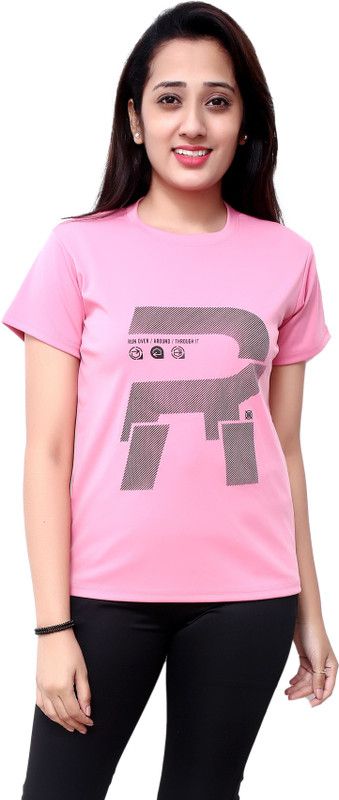 Women Half Sleeve Tshirt Women Printed Round Neck Cotton Blend Pink T-Shirt