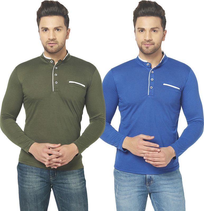 Pack of 2 Solid Combo of Two Henley Neck T-Shirt Men Solid Henley Neck Cotton Blend Dark Blue, Dark Green T-Shirt