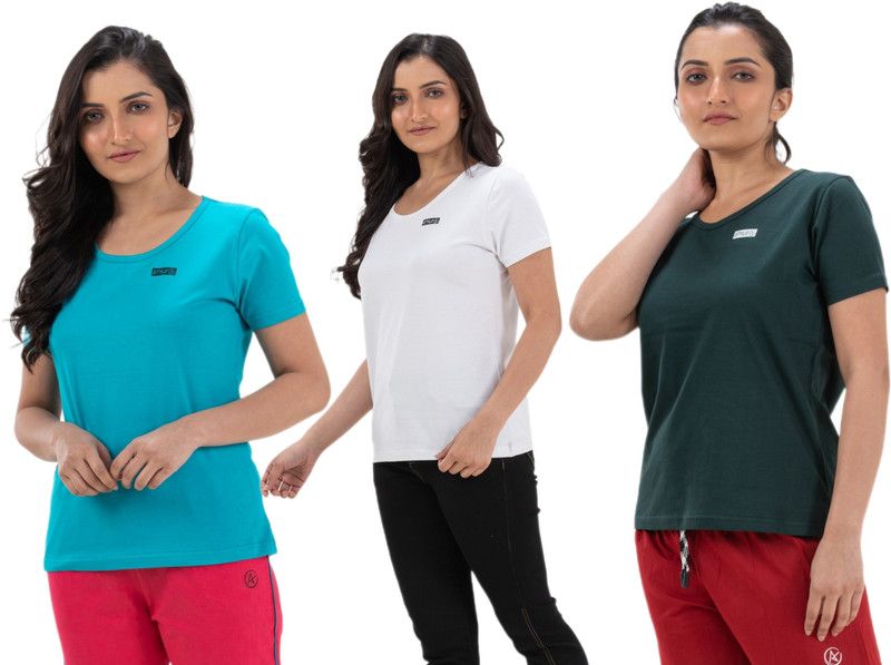 Pack of 3 Women Solid Round Neck Pure Cotton Green, White T-Shirt