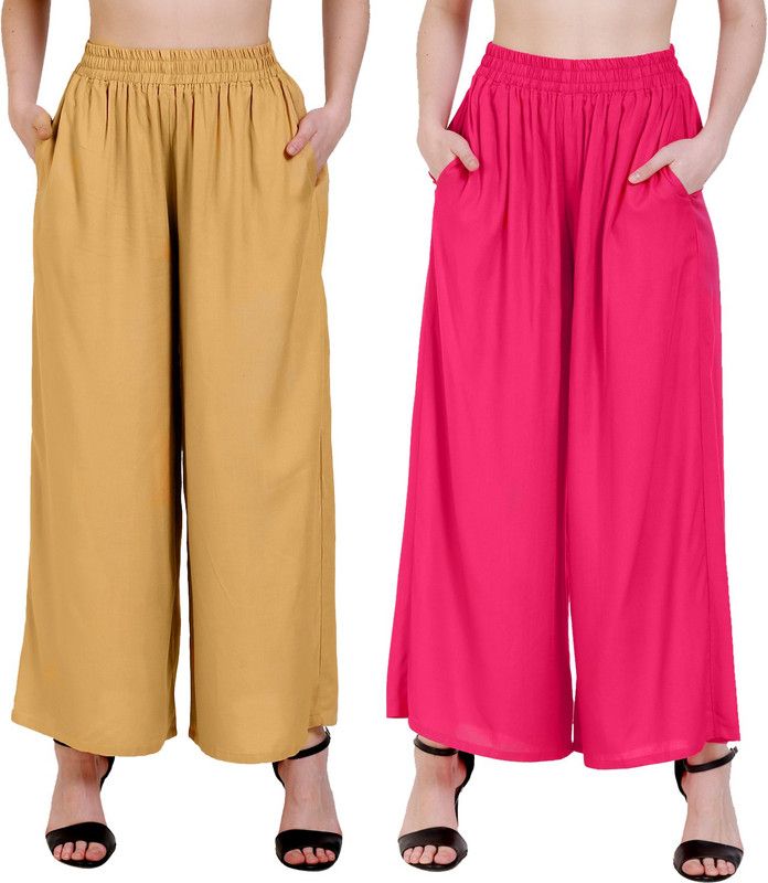 Pack of 2 Women Regular Fit Beige, Pink Cotton Blend Trousers