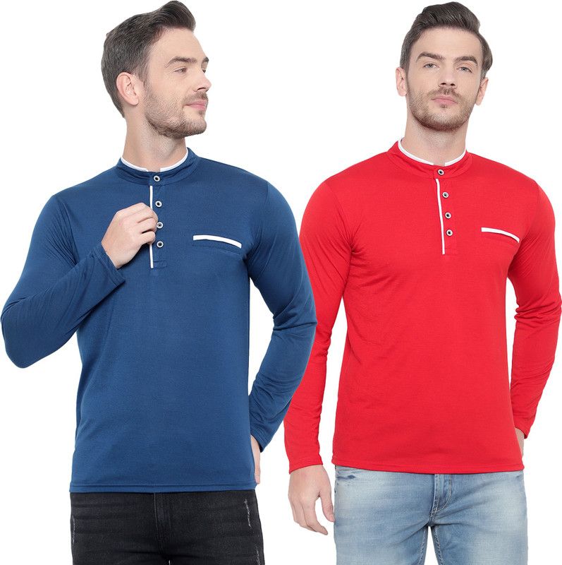 Pack of 2 Roman Henley Neck Men Solid Henley Neck Cotton Blend Multicolor T-Shirt