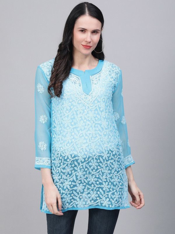 Women Embroidered Georgette A-line Kurta  (Blue)