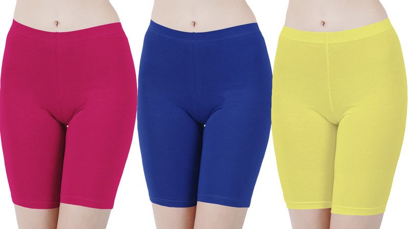 Pack of 3 Solid Women Pink, Blue, Yellow Cycling Shorts