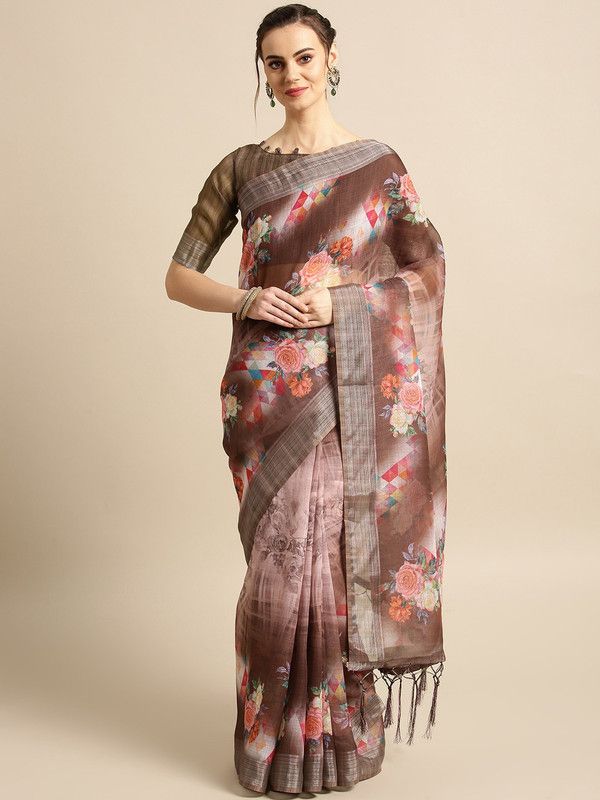 Digital Print, Floral Print Bollywood Cotton Linen Saree  (Multicolor)