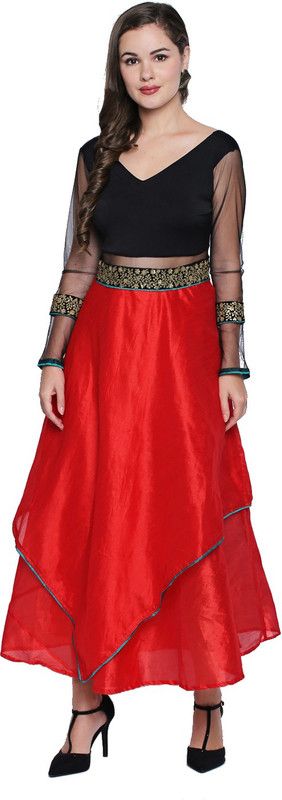 Women Embroidered Polyester Flared Kurta  (Red)